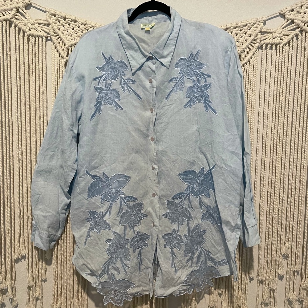 Vintage Cleopatra Hippie Baby Blue Linen Floral Lace Long Sleeve Top Sz XXL